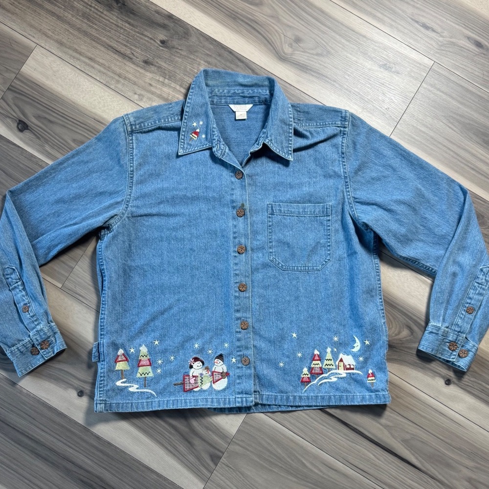 Christopher & Banks Womens Medium Denim Snowman Embroidered Christmas Shirt Blue